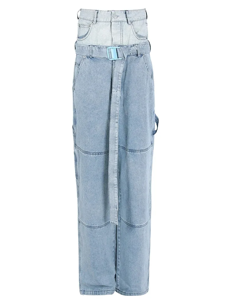 Spliced Denim Belt Personality Wide Leg Jeans High Waist New Women Trousers Fashion Tide Spring Autumn