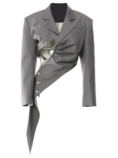 Women Gray Irregular Pleated Elegant Blazer New Lapel Long Sleeve Loose Fit Jacket Fashion Tide Spring Autumn