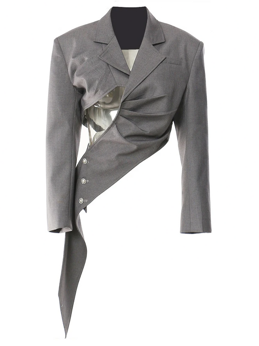 Women Gray Irregular Pleated Elegant Blazer New Lapel Long Sleeve Loose Fit Jacket Fashion Tide Spring Autumn