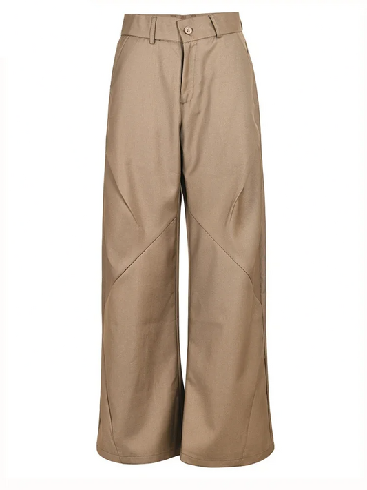 Khaki Pleated Long Casual Wide Leg Pants New Loose Fit
