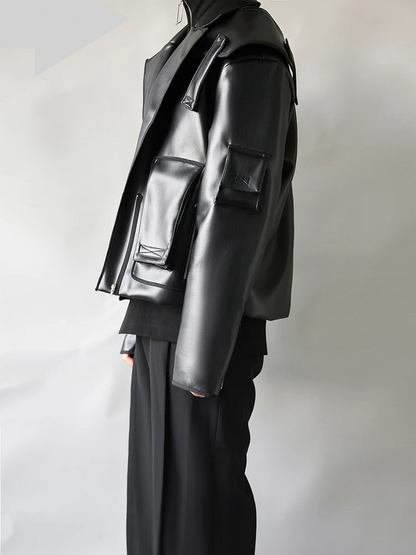 Oversized Short Black 
 Faux Leather Jacket
