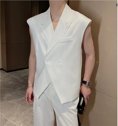 Summer Niche Design Suit Vest Men's Fashion Sleeveless Blazers Tank Tops Korean Style Loose Casual Tops Solid Color