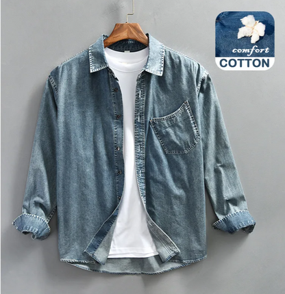 Spring Autumn New Vintage Denim Long Sleeve Shirts for Men Clothing Casual Cotton Loose Soft Streetwear Shirt AZ970