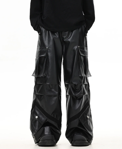 Cool Black Baggy Pu Leather Wide Leg Cargo Pants