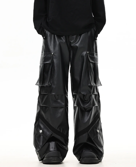 Cool Black Baggy Pu Leather Wide Leg Cargo Pants