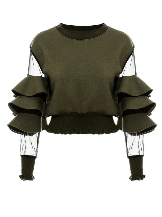 Loose Fit Green Mesh Ruffles Sweatshirt New Round Neck Long Sleeve Women Big Size