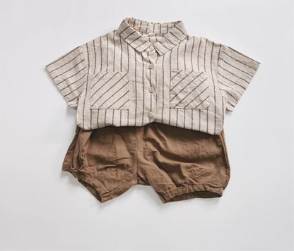 Striped Outfits Cotton Linen Shorts 2pcs