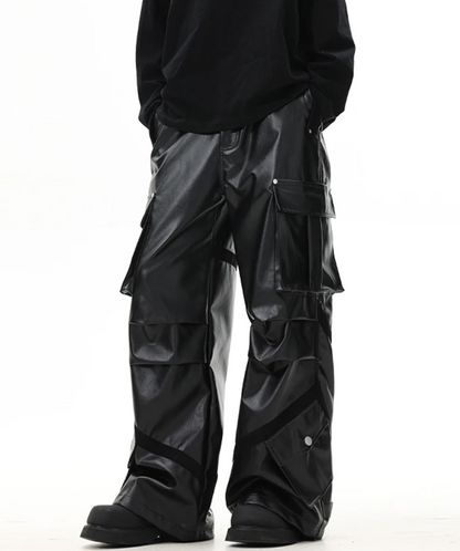 Cool Black Baggy Pu Leather Wide Leg Cargo Pants