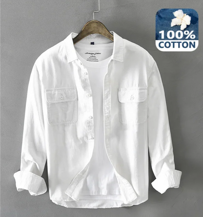 Spring and Autumn Long Sleeve Cargo White Shirts for Men Clothing Pure Cotton Retro Style Button Up Pocket  Streetwear