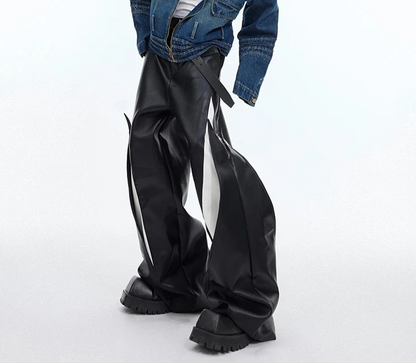 Long Loose Casual White and Black Patchwork Pu Leather Pants Men Wide Leg Trousers