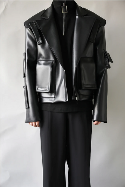 Oversized Short Black 
 Faux Leather Jacket