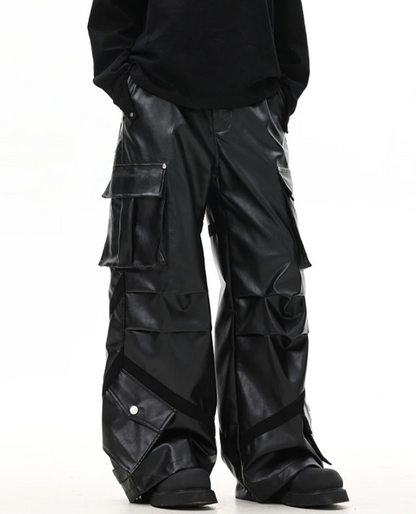Cool Black Baggy Pu Leather Wide Leg Cargo Pants