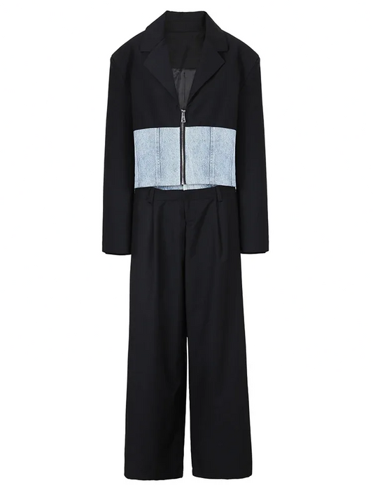 New Big Size Blazer Denim Wide Leg Pants Two Piece Suit
