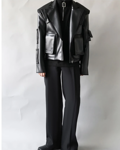 Oversized Short Black 
 Faux Leather Jacket