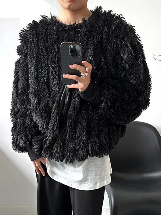 Loose Fit Black Tassels Big Size Thick Sweatshirt