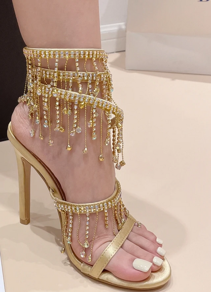 Rhinestone String Bead Ankle Strap  Heels