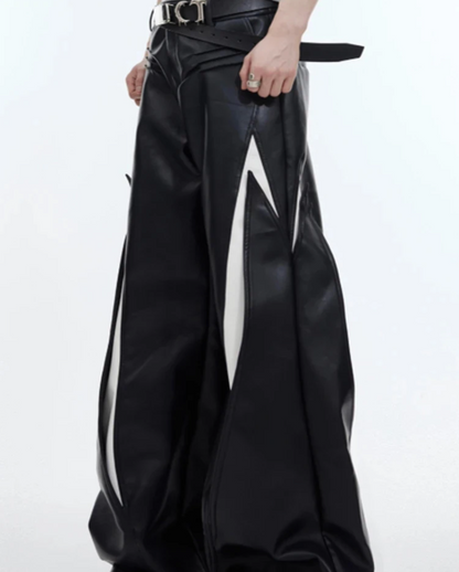 Long Loose Casual White and Black Patchwork Pu Leather Pants Men Wide Leg Trousers