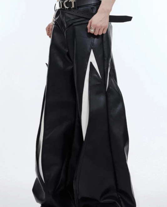Long Loose Casual White and Black Patchwork Pu Leather Pants Men Wide Leg Trousers