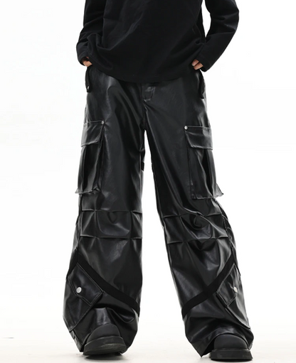 Cool Black Baggy Pu Leather Wide Leg Cargo Pants