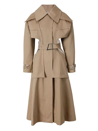 Cut-out Big Size Camel Long Trench New Lapel Windbreaker