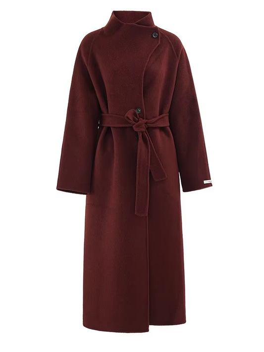 Red Belted Long Thick Woolen Coat