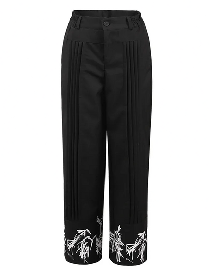 Black Pattern Printed Pleated Wide Leg Pants