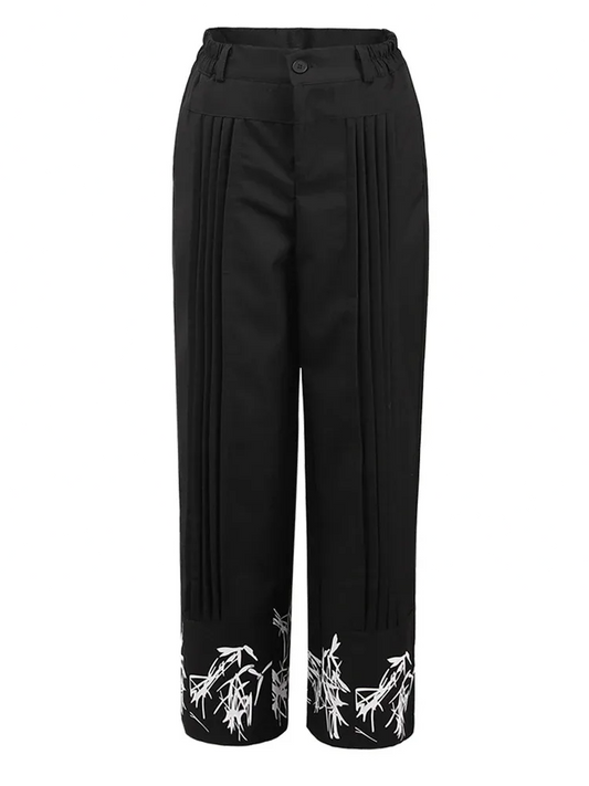 Black Pattern Printed Pleated Wide Leg Pants