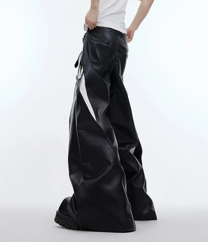 Long Loose Casual White and Black Patchwork Pu Leather Pants Men Wide Leg Trousers