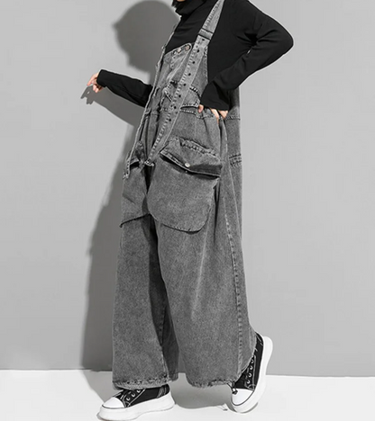 High Waist Black Pocket c Denim Overalls Trousers New Loose Fit Pants Women Fashion Tide Spring Autumn