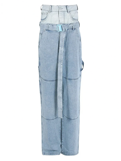 Spliced Denim Belt Personality Wide Leg Jeans High Waist New Women Trousers Fashion Tide Spring Autumn