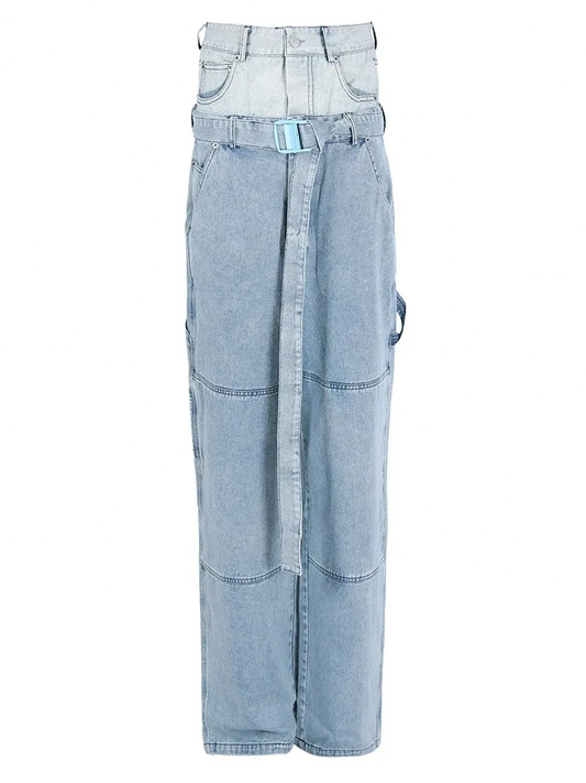 Spliced Denim Belt Personality Wide Leg Jeans High Waist New Women Trousers Fashion Tide Spring Autumn