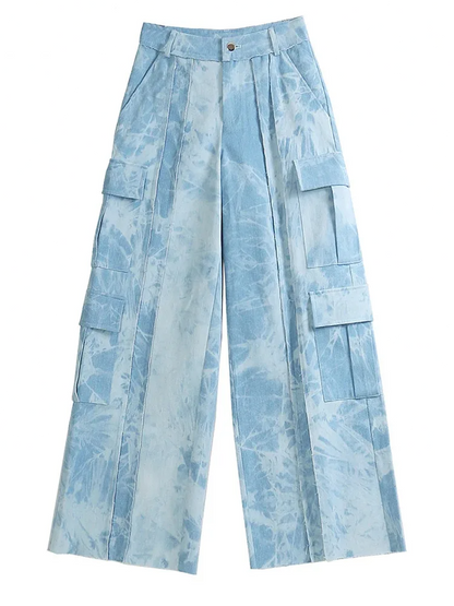 High Waist Blue Printed Denim Pocket  Wide Leg Jeans New Loose  Trousers