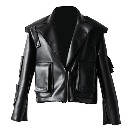 Oversized Short Black 
 Faux Leather Jacket