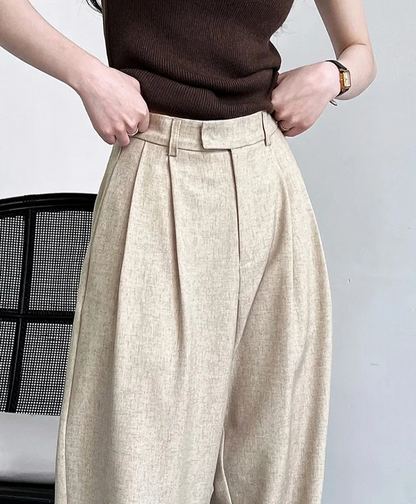 High Elastic Waist Camel Pleated Pants