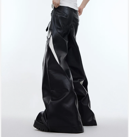 Long Loose Casual White and Black Patchwork Pu Leather Pants Men Wide Leg Trousers