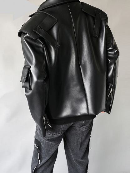 Oversized Short Black 
 Faux Leather Jacket