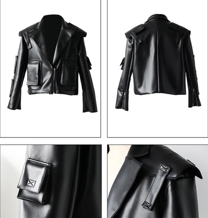 Oversized Short Black 
 Faux Leather Jacket