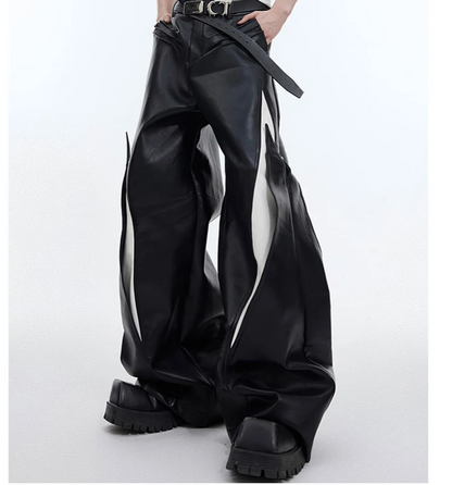 Long Loose Casual White and Black Patchwork Pu Leather Pants Men Wide Leg Trousers