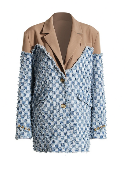 Denim Color-block Blazer New Lapel Long Sleeve Loose Fit Jacket