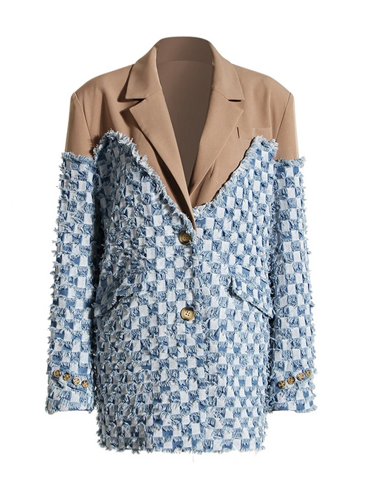 Denim Color-block Blazer New Lapel Long Sleeve Loose Fit Jacket