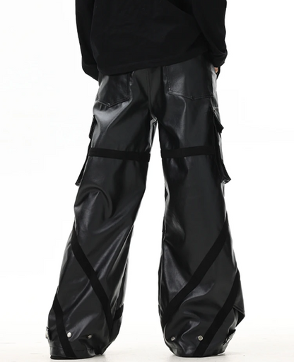 Cool Black Baggy Pu Leather Wide Leg Cargo Pants