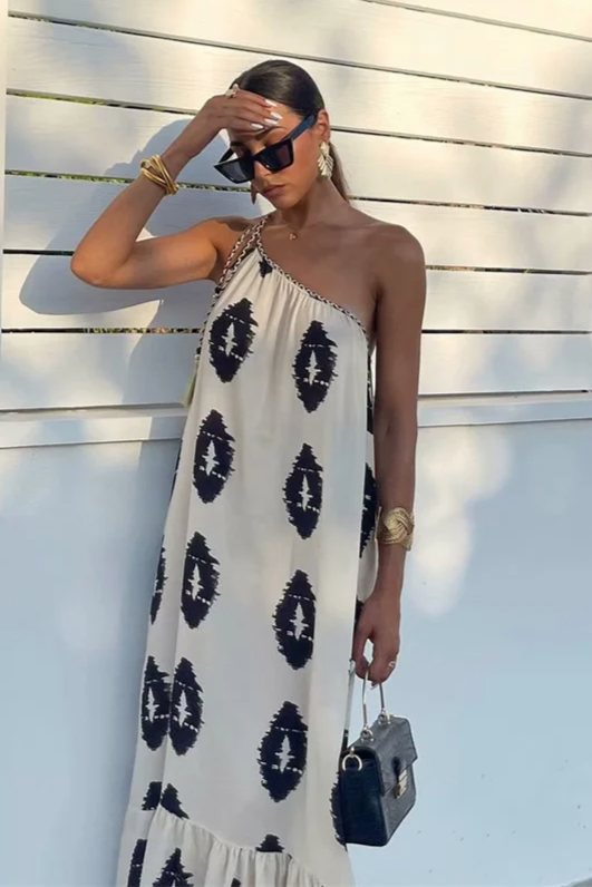 New Line Women's High Quality Fashion Style One Shoulder Printed Asymmetric Dress