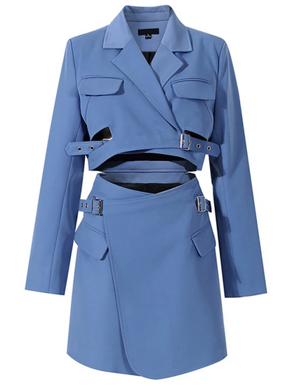 Women Blue Cross Buckle Hollow Out Blazer Dress New Lapel Long Sleeve Loose Fit Fashion Tide Spring Autumn