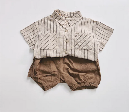 Striped Outfits Cotton Linen Shorts 2pcs