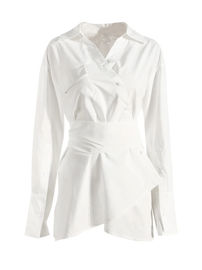 Women White Irregular Bandage Slit Shirt Dress New V-Neck Long Sleeve Loose Fit Fashion Tide Spring Autumn