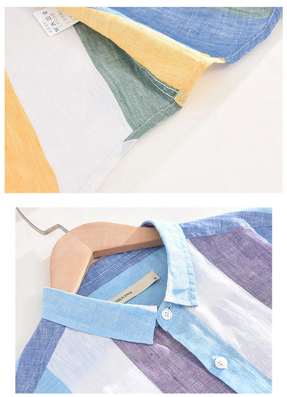 Spring and Autumn Striped Linen Shirts for Men Pure Linen Made Breathable Comfortable Long Sleeve Loose Men Clothing