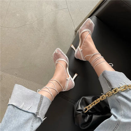 Mesh Sandals Shoes
 Female Square Toe High Heel