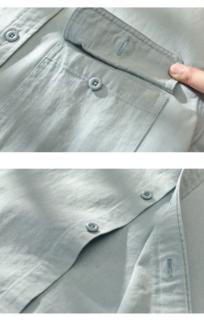 Spring and Autumn Long Sleeve Cargo White Shirts for Men Clothing Pure Cotton Retro Style Button Up Pocket  Streetwear