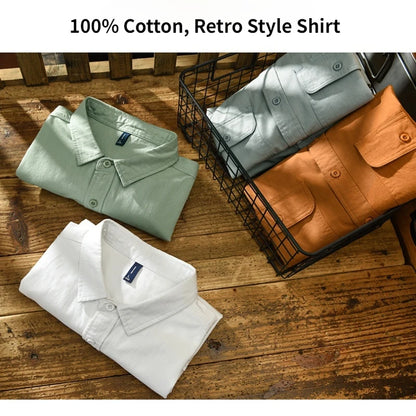 Spring and Autumn Long Sleeve Cargo White Shirts for Men Clothing Pure Cotton Retro Style Button Up Pocket  Streetwear