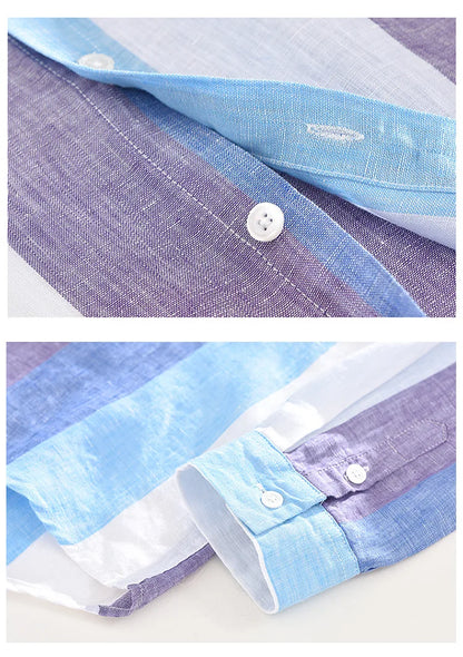 Spring and Autumn Striped Linen Shirts for Men Pure Linen Made Breathable Comfortable Long Sleeve Loose Men Clothing